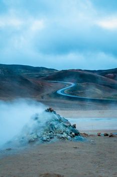 Hverir volcano in Iceland sulfuric smoker in front of the Road 1