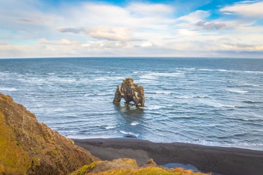 Hvitserkur rock formation in Iceland standing in blue water next to a black sand beach