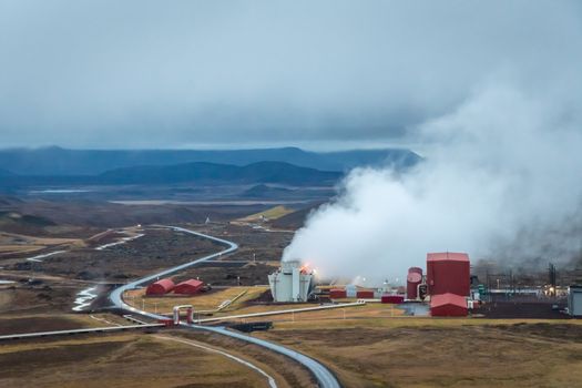 Krafla volcano in Iceland Kroeflustoed geothermal power plant using hot steam producing green electricity