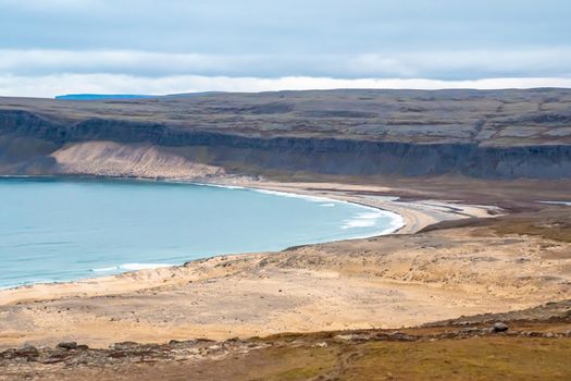 Latrabjarg in Iceland Breidavik Beach colored yellow by scallop shells during the late evening