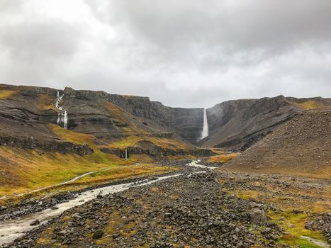 Litlanesfoss and Hengifoss waterfall in east Iceland during heavy rain