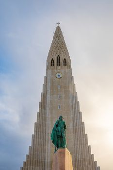 Reykjavik in Iceland Hilgrimskirkja Hilgims church during beautiful sunny day behind Lerik Eriksson Monument