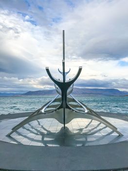 Reykjavik in Iceland Sun Voyager sculpture metal boat viking symbol