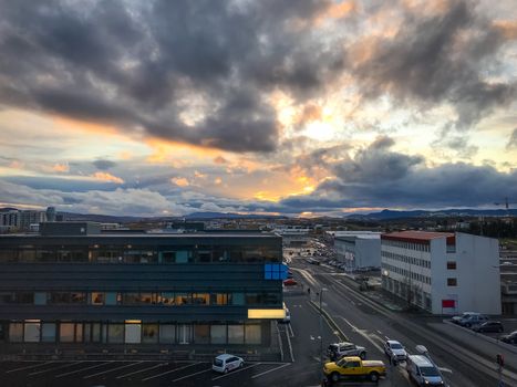 Reykjavik in Iceland sunset after stormy day giving sky orange color