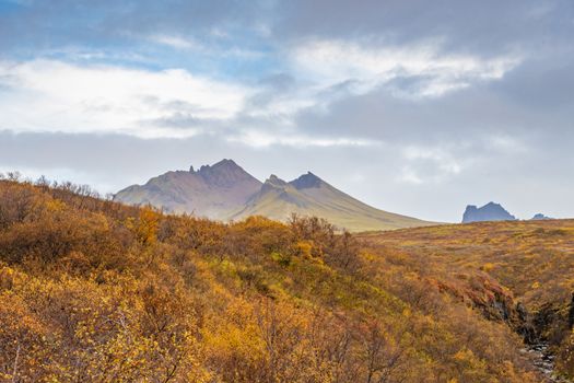 Vatnajoekull glacier in Iceland high peaks of colorful volcanic mountain range