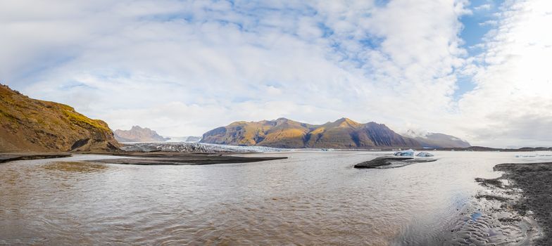 Vatnajoekull glacier in Iceland panorama of glacier lake in front of the ice shields