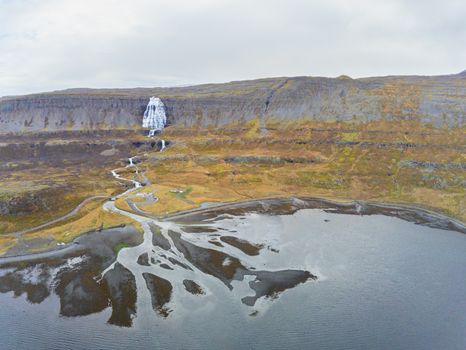 West fjords of Iceland Göngummanafoss and Dynjandi waterfall aerial photo of fall and mouth of river