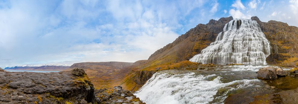 West fjords of Iceland Dynjandi waterfall panorama of fall during sunny weather