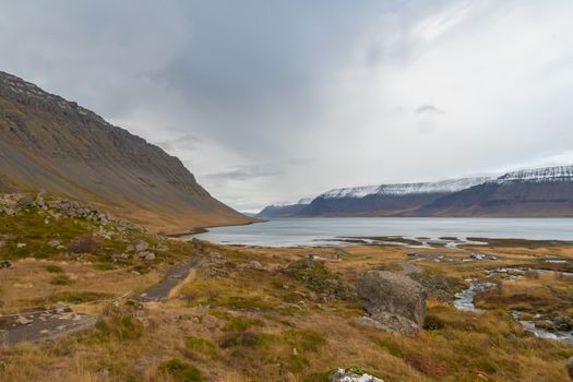 Westfjords of Iceland view along fjord close to Dynjandi fall