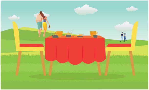 Couple is in garden on lunch