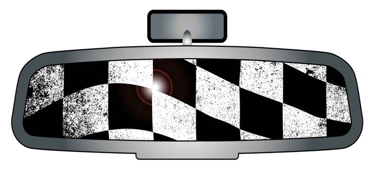 A vehicle rear view mirror with the checkered winners flag