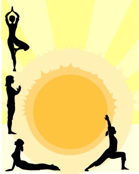 Four women performing a yoga asana against the rising sun.