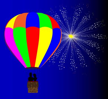 A typical multi coloured hot air balloon floating away with a couple in silhouette in the basket set against a 4th July celebration sky rocket