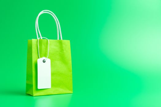 Single green shopping or gift bag with blank label tag isolated on green background