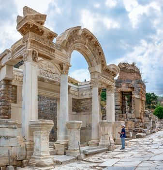 Ephesus, Turkey – 07.17.2019.Temple of Hadrian ruins in antique Ephesus city, Turkey, on a sunny summer day