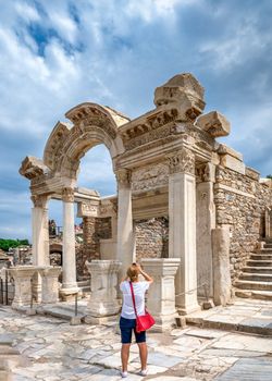 Ephesus, Turkey – 07.17.2019.Temple of Hadrian ruins in antique Ephesus city, Turkey, on a sunny summer day