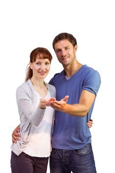 Couple holding out their hands on white background