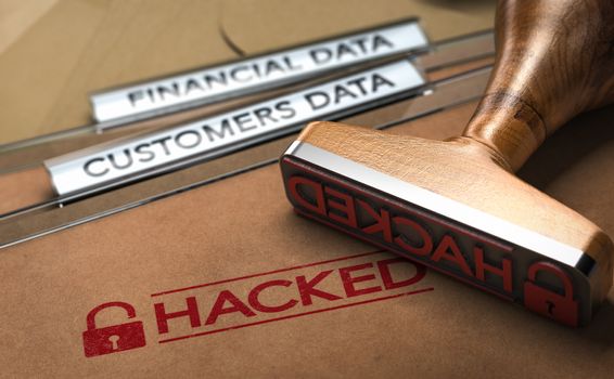 3D illustration of a rubber stamp with the word hacked printed on folders with the text financial and customer data.