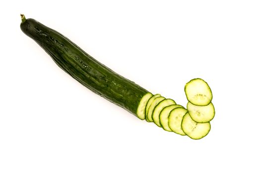 Cucumber and slices isolated top view on white background