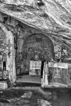 Inside the monastery enclosed by Davelis cave in Penteli, a mountain to the north of Athens, Greece.