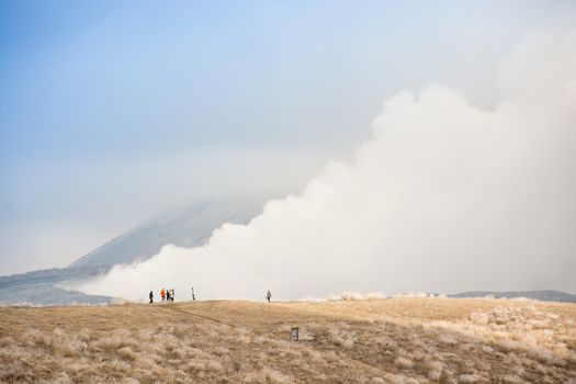 Mount Aso and Kusasenri in winter. covered by golden yellow grassland - Kumamoto, Japan