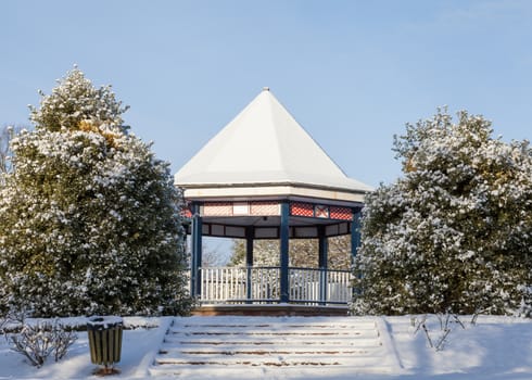 The bandstand in Castle Park, Penrith, northern England is pictured on a winter's morning.