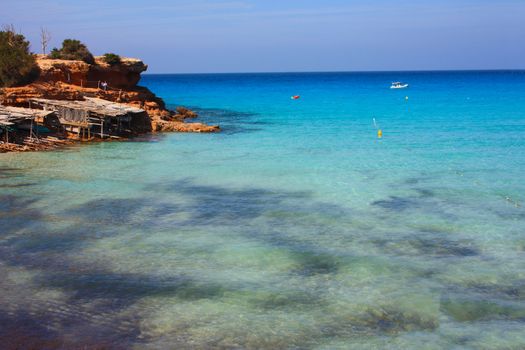 Cala Saona that is one of the most beautiful beaches of Ibiza with its crystal clear water in spain