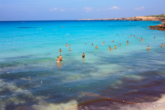 Cala Saona that is one of the most beautiful beaches of Ibiza with its crystal clear water in spain