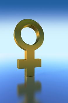 Golden 3D female symbol against a blue background.