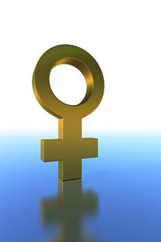 Golden 3D female symbol against a blue background.