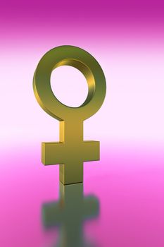 Golden 3D female symbol against a pink background.