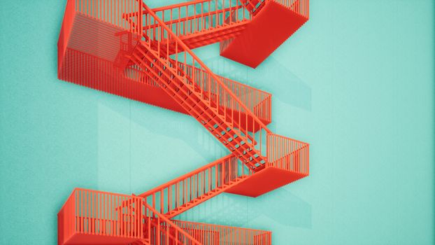 modern mint green building with red fire escape stairs, 3d rendering