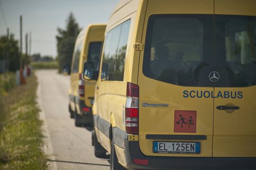ROVIGO, ITALY 20 FEBRUARY 2020: Italian school bus travels on the road