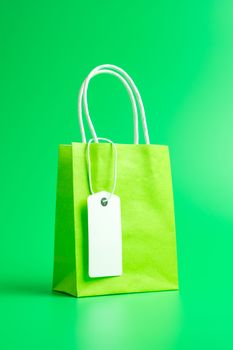 Single green shopping or gift bag with blank label tag isolated on green background