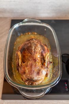 Homemade Roasting Duck in oven. Crispy whole roast duck.