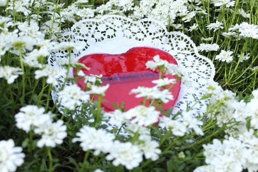 The picture shows a red heart dessert for mother`s day