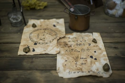 Old parchment with planet symbols, pharmacy museum in Wroclaw, Poland