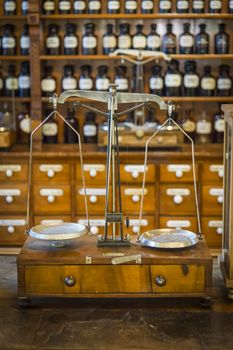 Weight in old drug store, pharmacy museum, Wroclaw, Poland