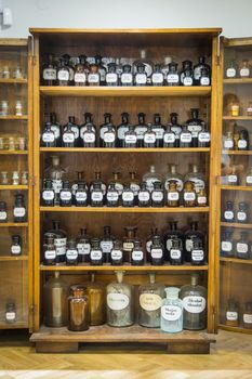 Old drug store - shelf with drug bottles