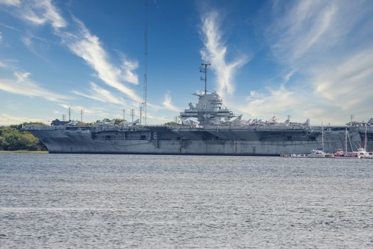 An American aircraft carrier docked in bay near Charleston, South Carolina