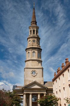 Massive brown stone steeple on church in Charleston, south Carolina