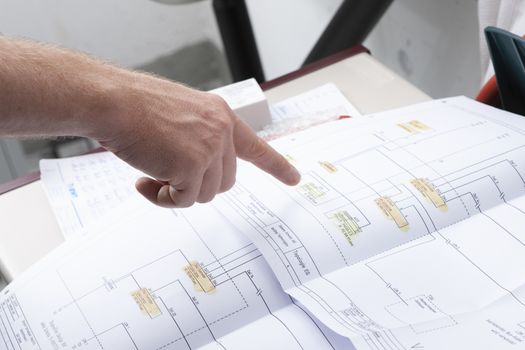workmen and engineer working an planing on the job showing hands, point towards work