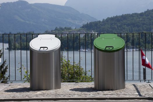 trash system with underground disposal. Trash and waste separation with green lid