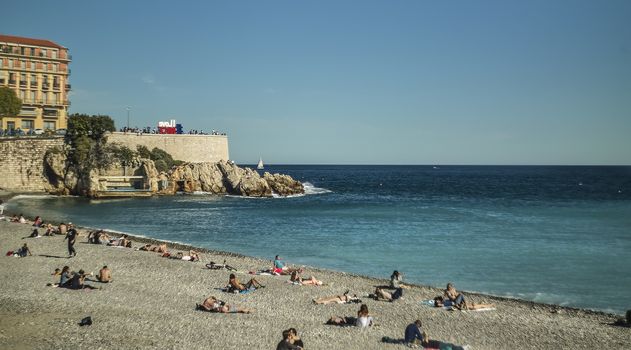 NICE, FRANCE 26 FEBRUARY 2020: Nice Beach and sea