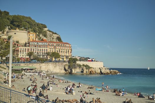 NICE, FRANCE 26 FEBRUARY 2020: Nice Beach and sea