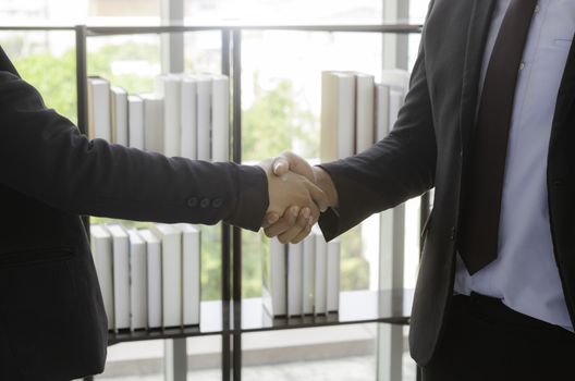 Two young businessmen shaking hands to celebrate in the office success with a turnover that exceeds corporate goals.