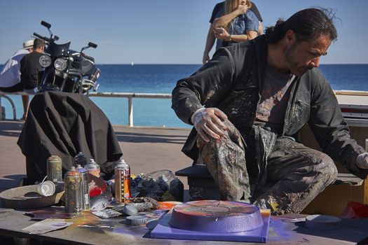 NICE, FRANCE 26 FEBRUARY 2020: Street artists in Nice, France