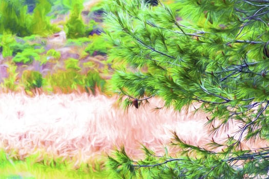 Green pine needles close-up with rocky background. Greece. Digital painting