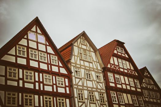 Cute historical half-timbered houses in downtown of Melsungen, Germany.