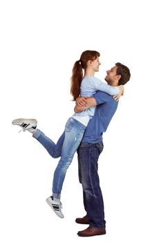 Couple hugging each other on white background